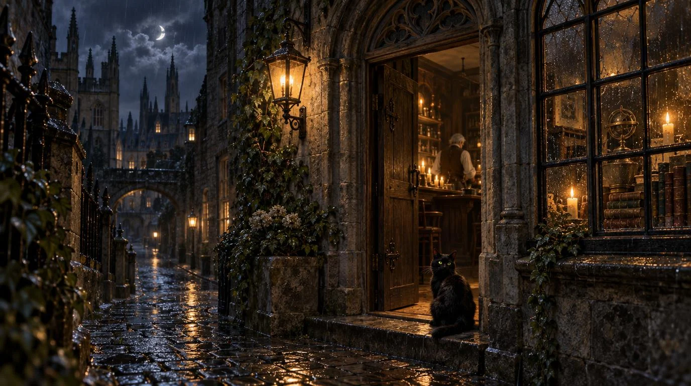 A Gothic café door standing half open on a rainy lane at night, a lantern lit beside it, Mochi the black cat on the step and Sean a silhouette at the candlelit counter inside.