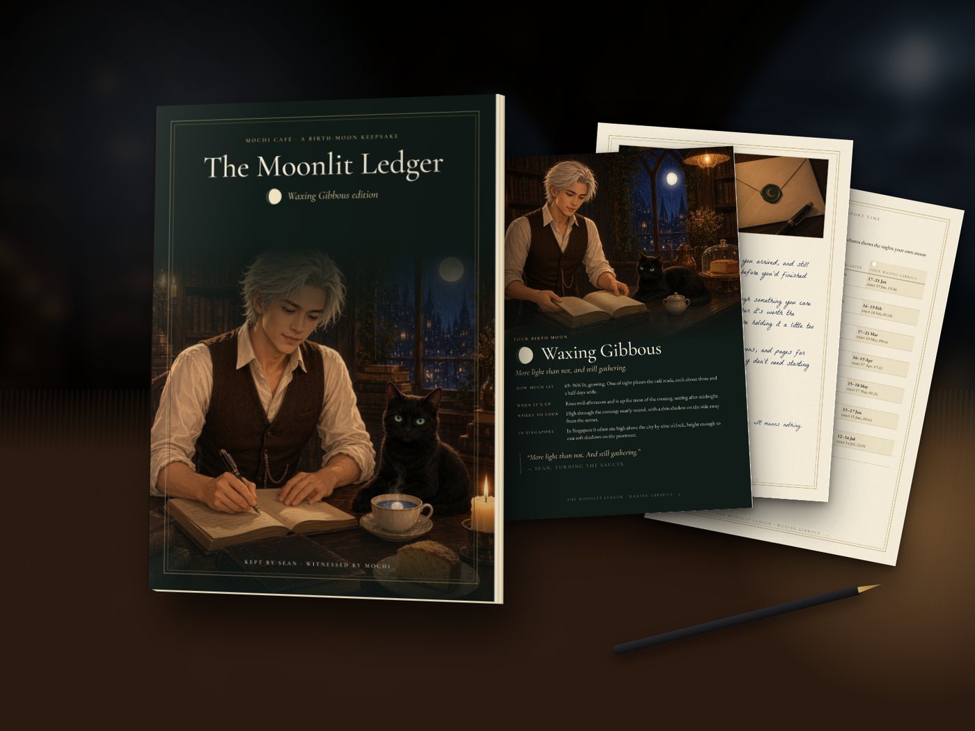The Moonlit Ledger printed and open on a walnut table by candlelight: the cover with Sean and Mochi at the window, Sean’s handwritten letter, the moon opener page and the 2027 moon tracker.
