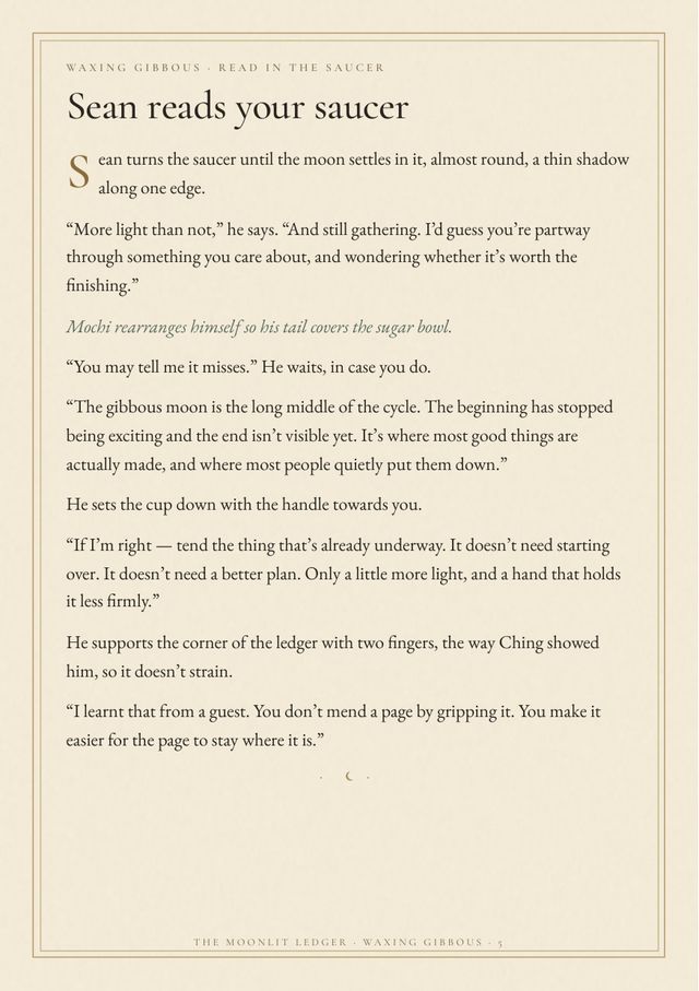 Page 5: Sean’s reading of the saucer set in a drop-capped serif column.