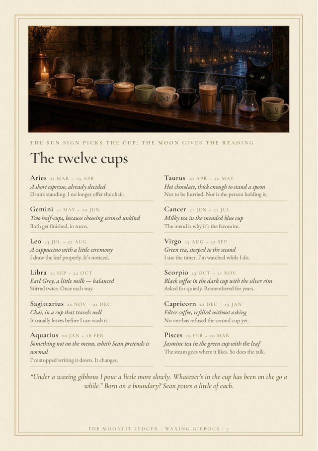 Page 7: a shelf of teacups above twelve sun signs, each with a drink and a one-line note from Sean.