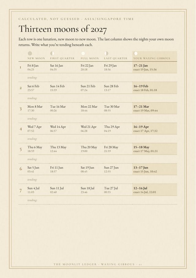 Page 11: a table of the first 2027 lunar cycles with new, first quarter, full and last quarter dates in Singapore time.